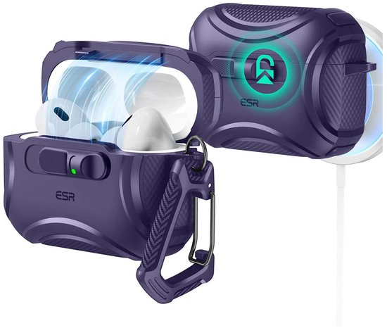 ESR Hoesje Geschikt Voor AirPods Pro 3 (2025) - Cyber FlickLock Case - Compatibel met MagSafe - Karabijnhaak - Paars