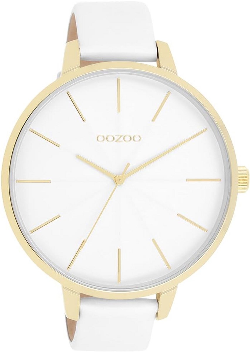 Elegante dameshorloge met witte kast en leren band | Modern analoog XL horloge