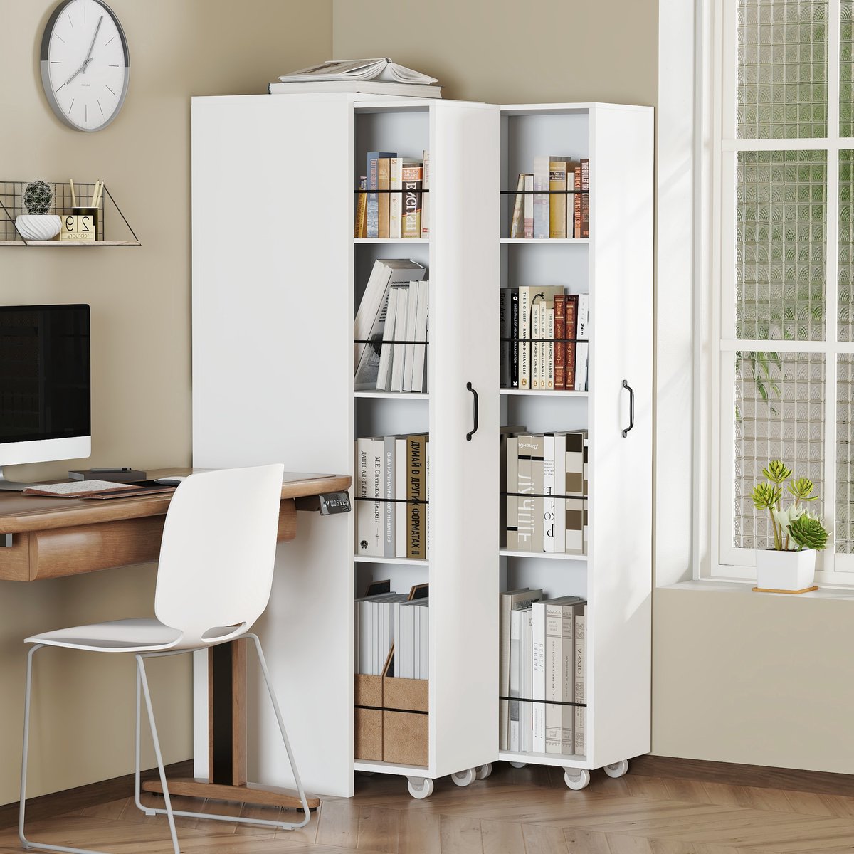 Sweiko Uitbreidbare boekenkast - Vitrinekast - Met wielen - 4 planken - Draagvermogen 20 kg - Wit