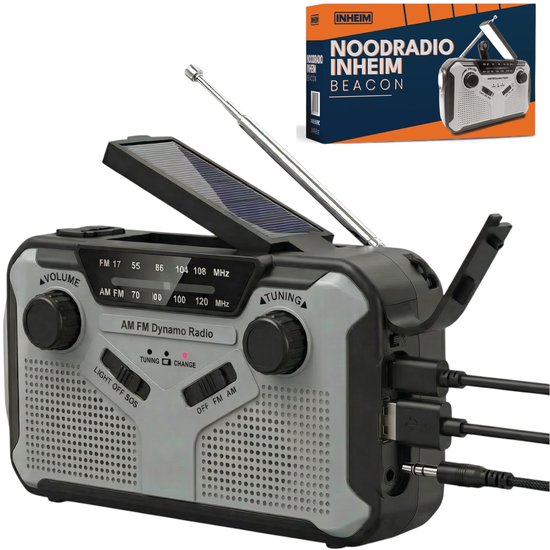 INHEIM® Beacon Noodradio - AM/FM Solar Opwindbaar - Powerbank - Zonneenergie - Noodpakket - Met Zaklamp - Opwindbaar