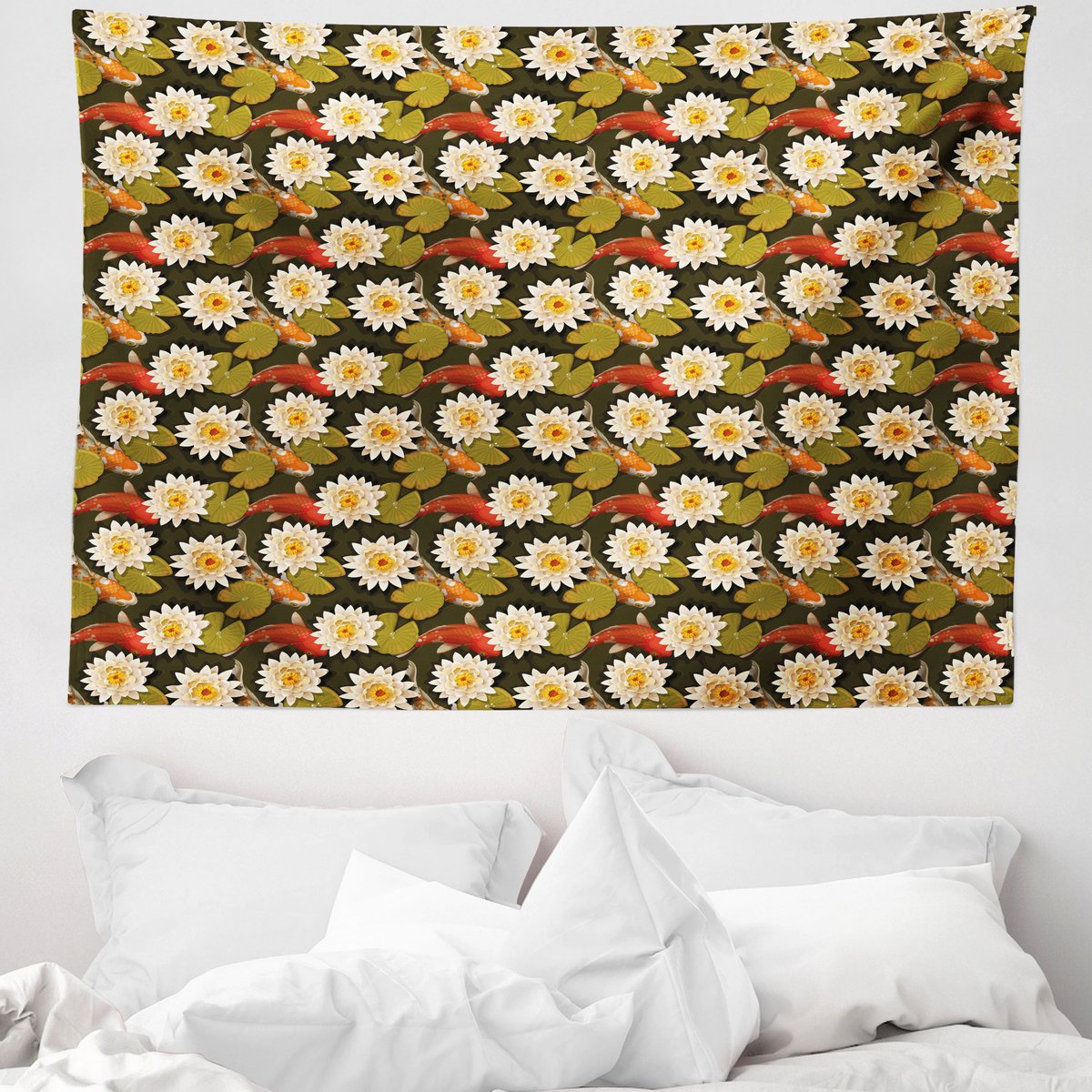 ABAKUHAUS Oosterse wandtapijt, Japanse koikarpers met lotusbloemen, 150 x 110 cm, gebrande sienna oranje Gebrande Siena-sinaasappel