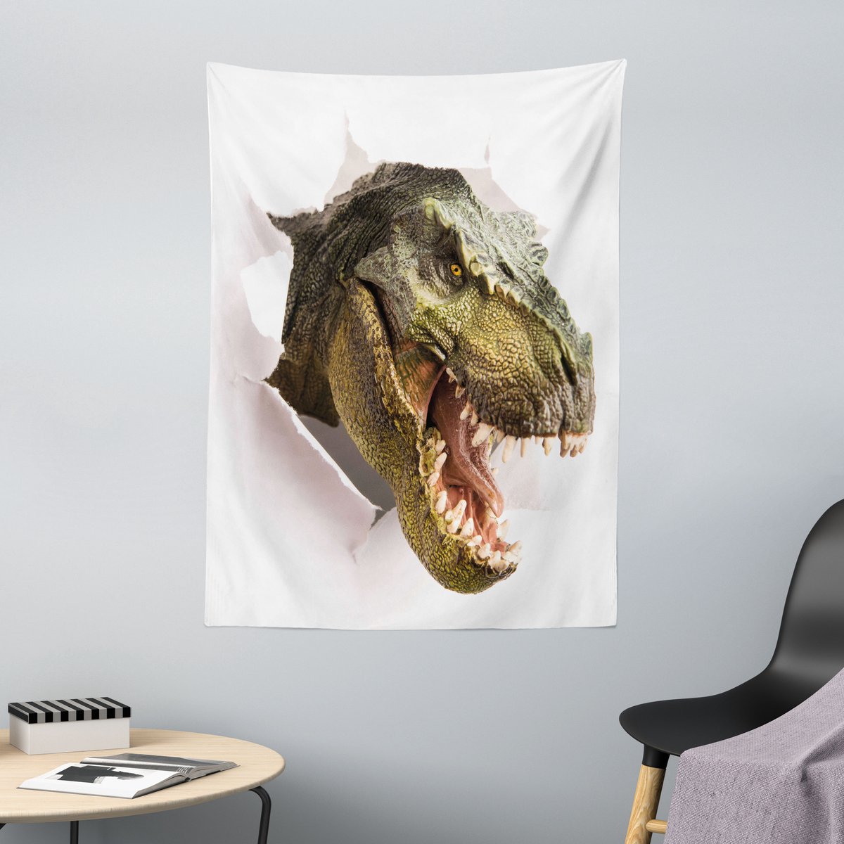 ABAKUHAUS Dinosaurus Wandtapijt, Dino Scheurpapier, 110 x 150 cm, Legergroen Wit
