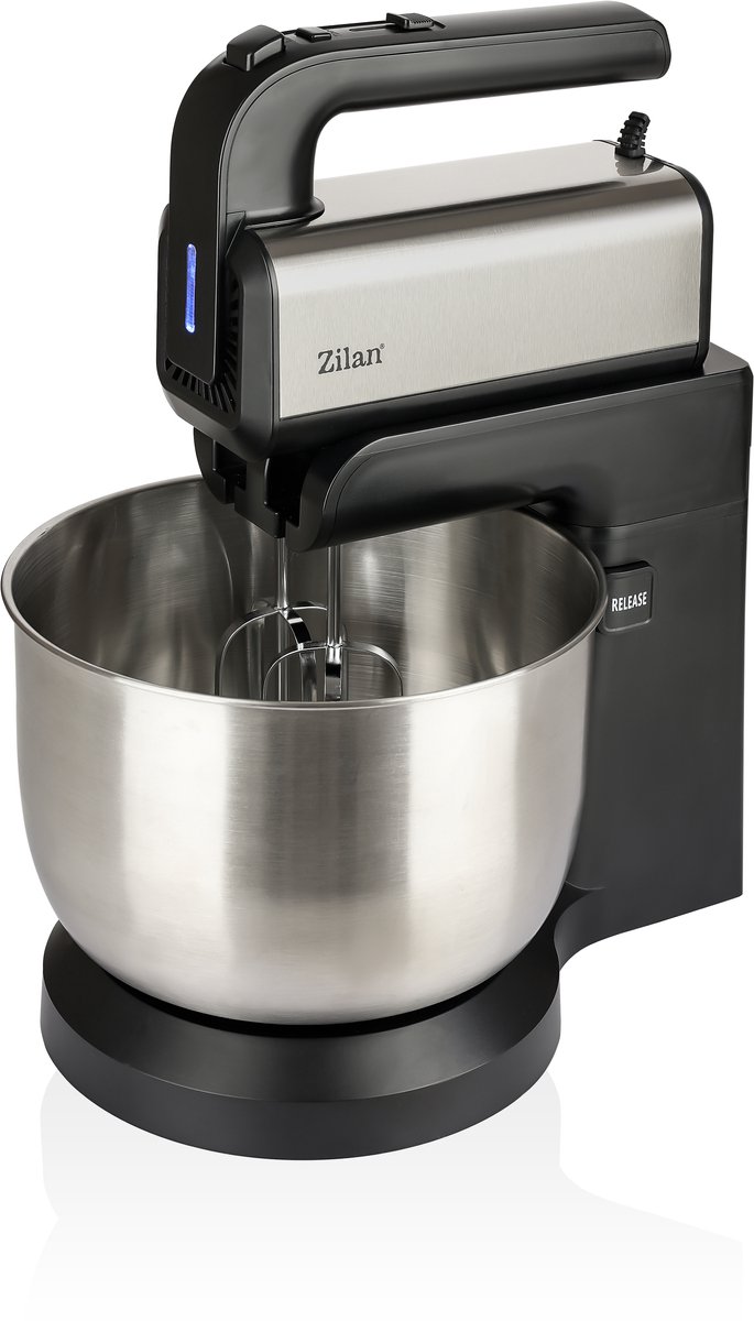 Zilan Handmixer met Kom 500W – Roterende Mengkom 3,5L – 5 Snelheden & Turbofunctie – Elektrische Mixer met Gardes en Deeghaken – RVS Kom