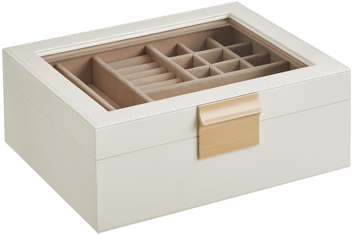 Sieradenbox - Met Glasdeksel - 2 Lagen Met 18 Vakjes