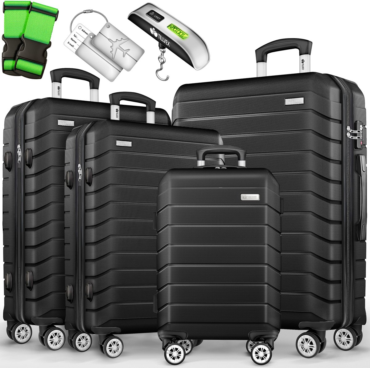 tillvex® reiskofferset 4-delig + bagageweegschaal, 8X kofferriemen & 4X kofferhangers | kofferset 4 wielen | trolley bagage koffer TSA-slot | set koffer met harde schaal S-M-L-XL, legergroen