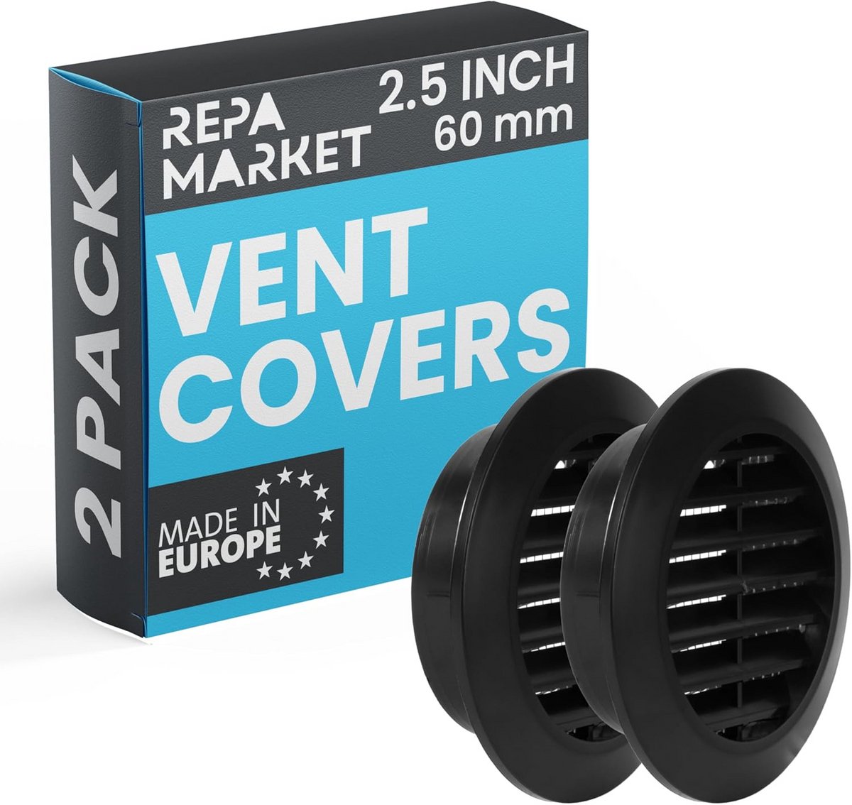 Set van 2 Zwarte Ventilatie Rooster met Gaas voor Binnen- en Buitenmuur Kanalisatie 60mm