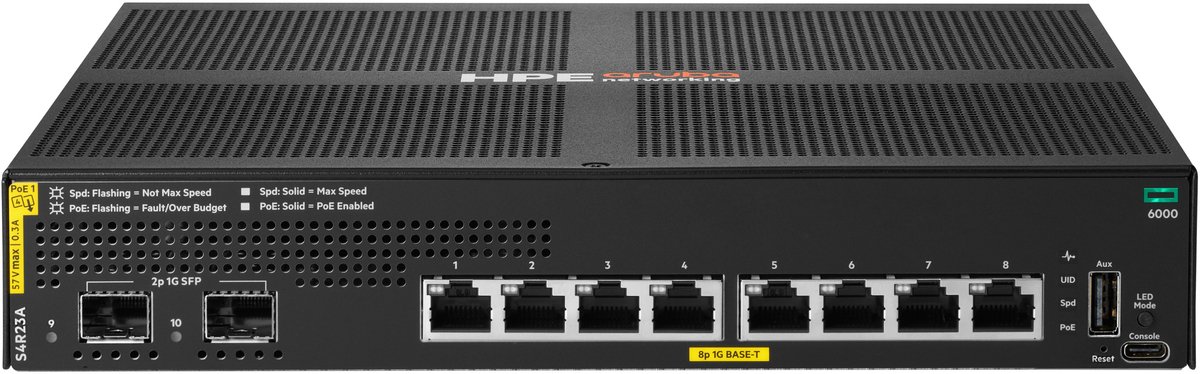 HPE Aruba Networking CX 6000 8p 10M/100M/1G Class4 PoE 2p SFP 1G 67W Switch Managed L2 Gigabit Ethernet (10/100/1000) Power over Ethernet (PoE) 1U Zwart