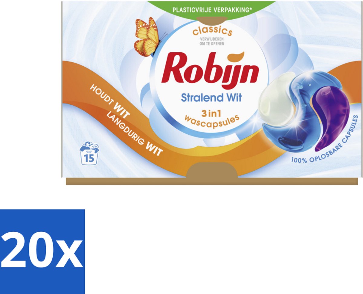 Robijn Wascapsules 3-in-1 Stralend Wit 15 stuks per verpakking - Bulkverpakking - 20 stuks