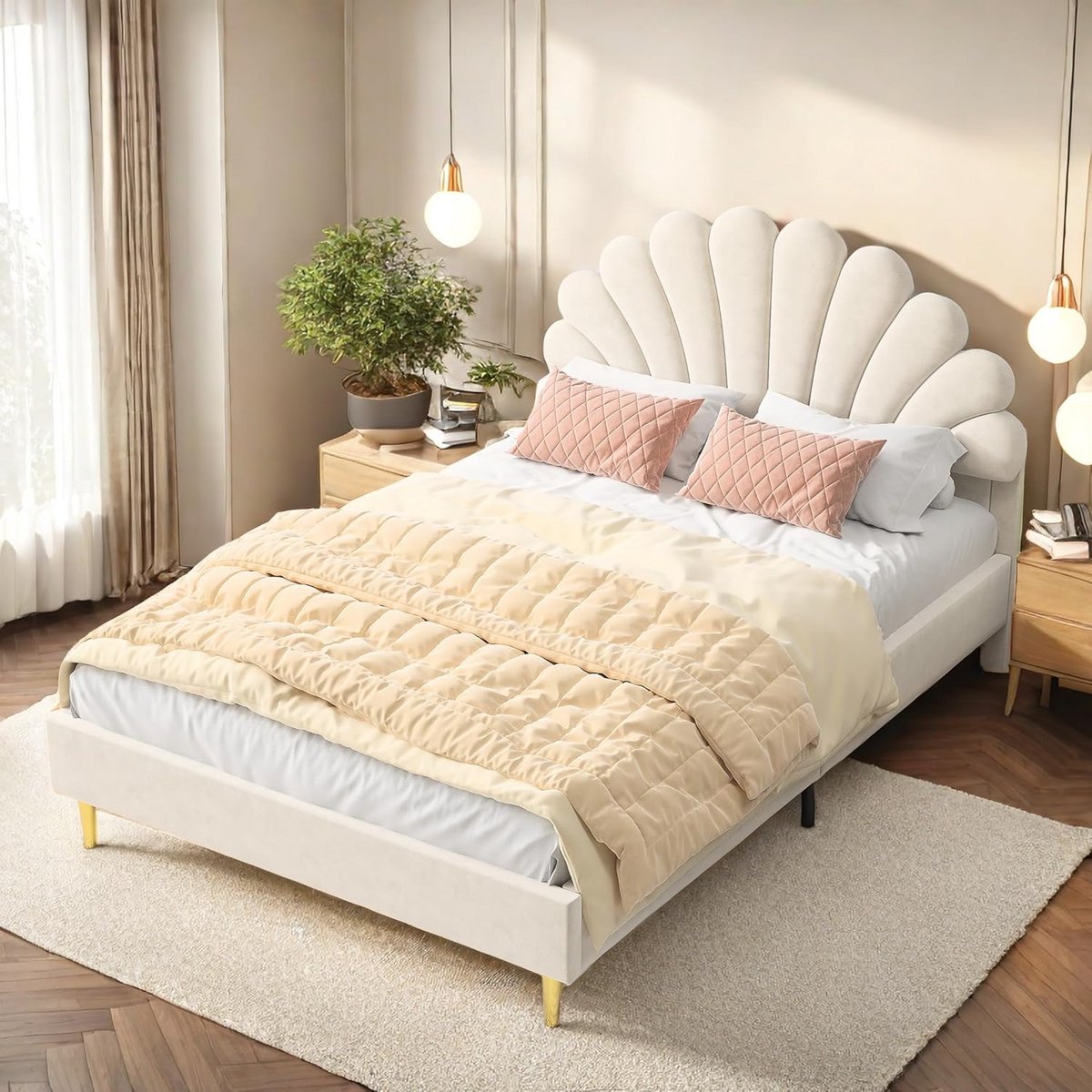 Tweepersoonsbed 140x200 cm met Bloemhoofdeinde en Lattenbodem, Beige Fluweel
