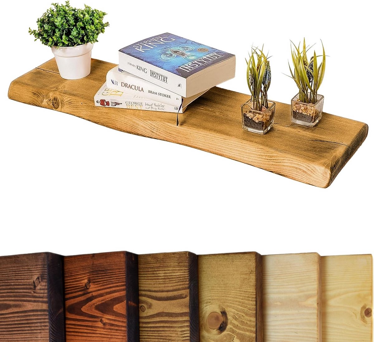 Waney Live Edge Zwevende Plank Massief Grenen Donker Eiken Afwerking 80cm