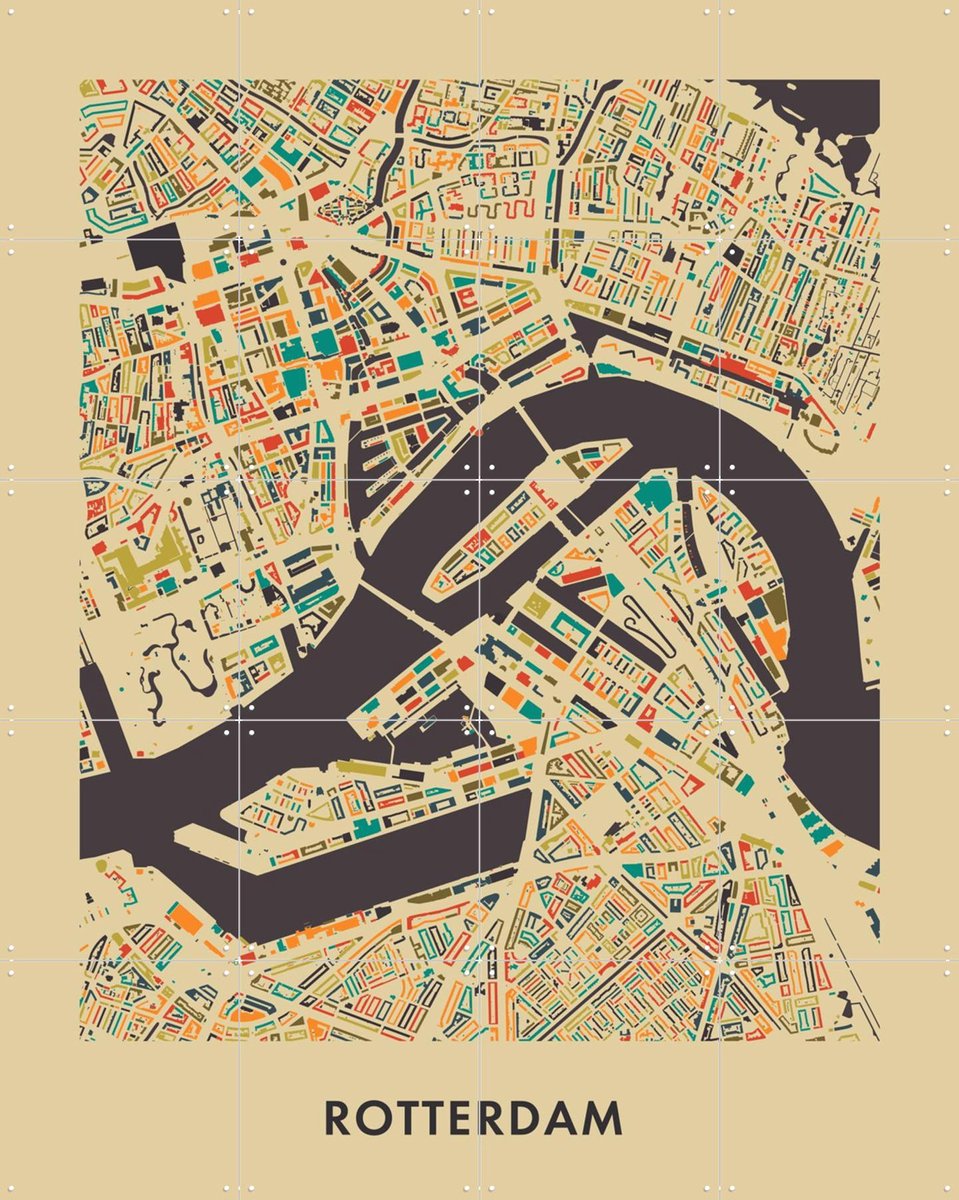 IXXI Rotterdam Mosaic Map, Kunst in Kaart - 80 x 100 cm - Gratis ophangtool - Grote wanddecoratie en posters - Illustraties, Kleurrijk, Digitale