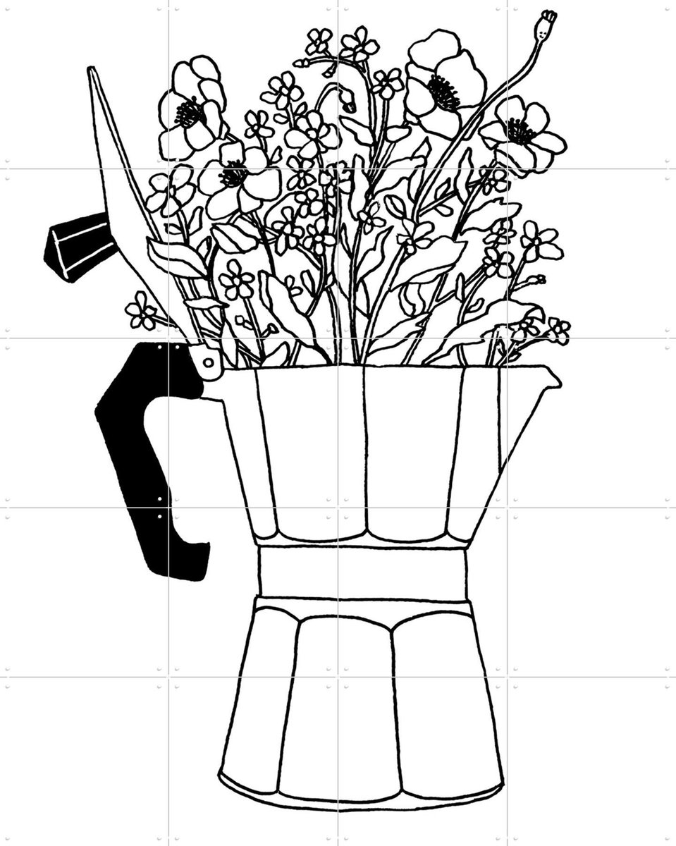 IXXI Moka Flowers Black & White, Florent Bodart - 80 x 100 cm - Gratis ophangtool - Grote wanddecoratie en posters - Line art, Illustraties