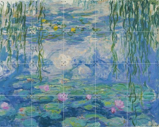 Peinture de nénuphars avec des fleurs roses, des accents jaunes et des reflets, sous des branches de saule vertes pendantes.