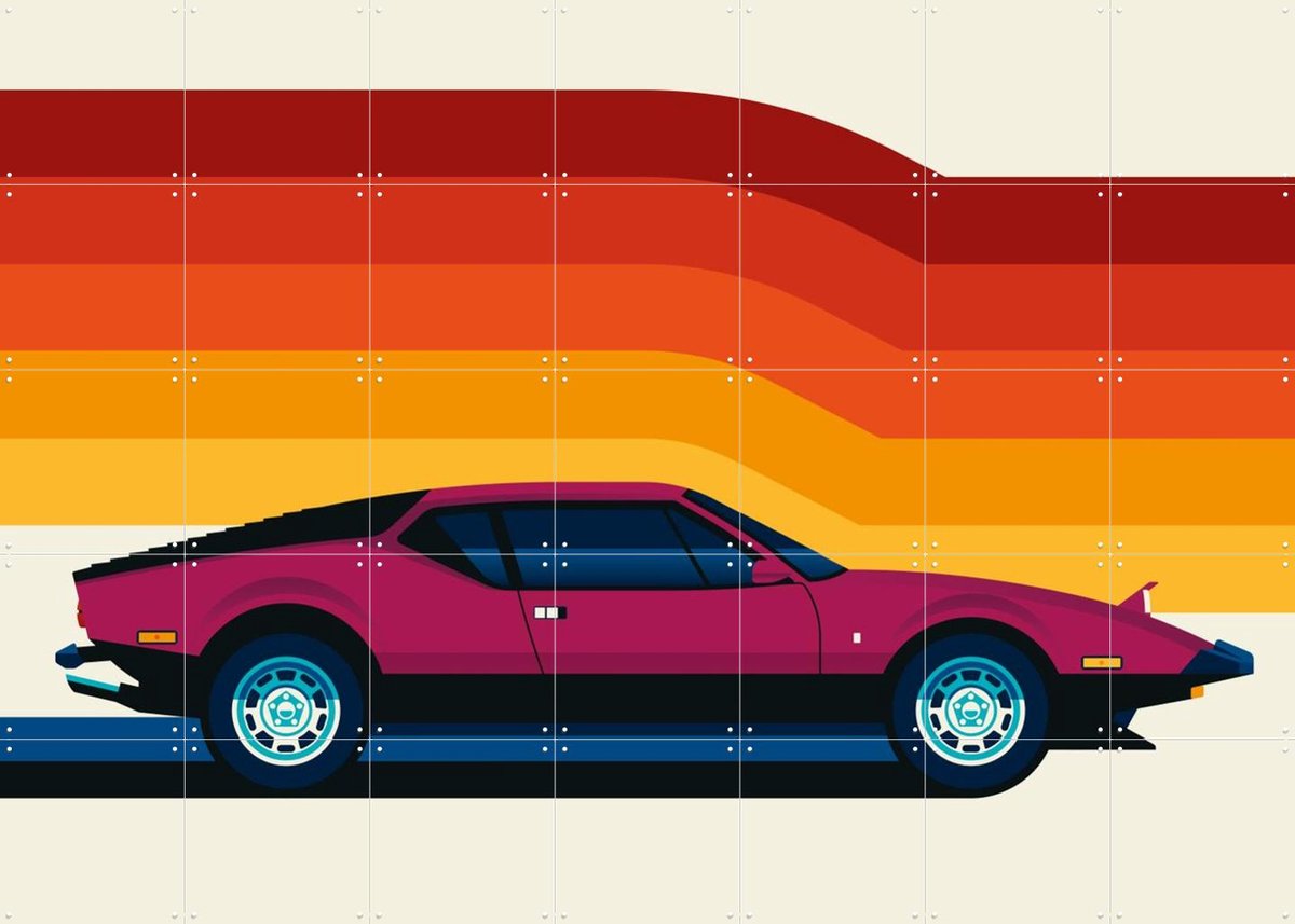 IXXI Maroon Sports Car Side, Bo Lundberg - 140 x 100 cm - Gratis ophangtool - Grote wanddecoratie en posters - Kleurrijk, Retro, Grafisch Ontwerp