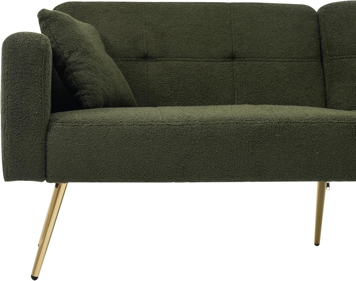 Slaapbank met Bedfunctie 175x64x72 cm – Verstelbare Rugleuning 105°-180° – 2-Zits Bankbed met Opbergvakken & Gouden Poten – Sherpa Stof groen – NoviHome