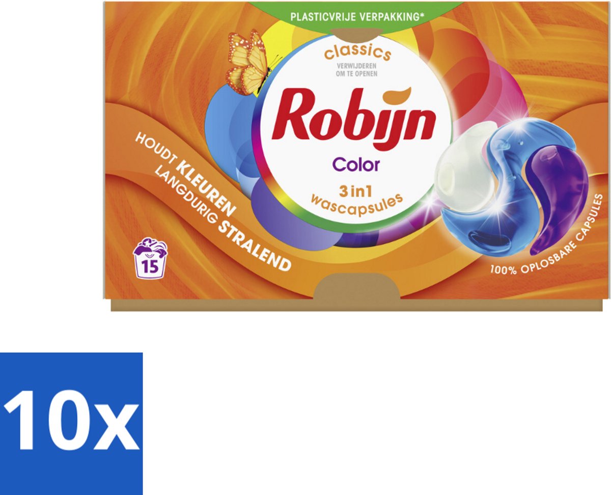 10 x Robijn Wascapsules 3-in-1 Color 15 stuks per verpakking - Kleurbehoud - Wascapsules - Was - Wasverzachter - Biologisch Afbreekbaar