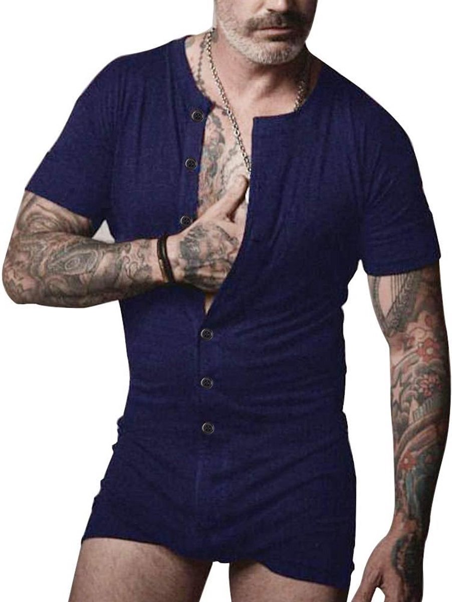 Heren Korte Mouw Jumpsuit Romper Katoen Henley Pyjama voor Thuis