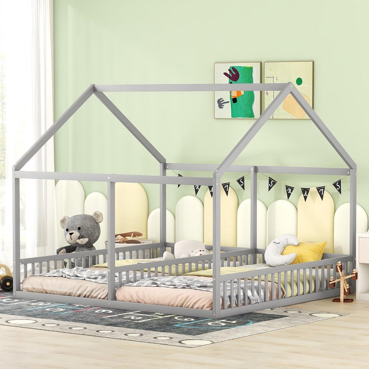 Tweepersoons Huisbed met Veiligheidshek - Kindvriendelijk en Multifunctioneel Vloerbed 90x200 cm Grijs
