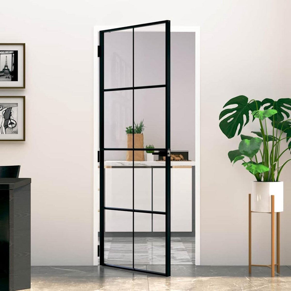 Moderne Binnendeur met Zwart Aluminium Frame en Gehard Glas (83x201.5 cm)