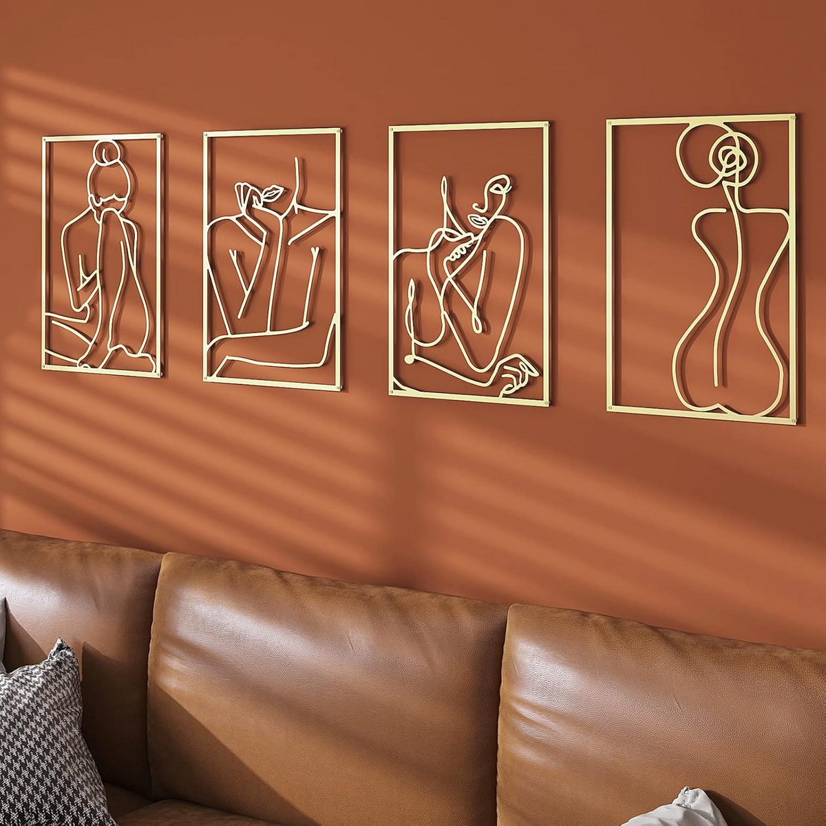 Set van 4 Gouden Wanddecoratie - Abstracte Metalen Kunst voor Slaapkamer en Woonkamer