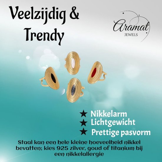 Vier gouden ringen met zwarte, witte, rode en blauwe steen. "Veelzijdig & Trendy"