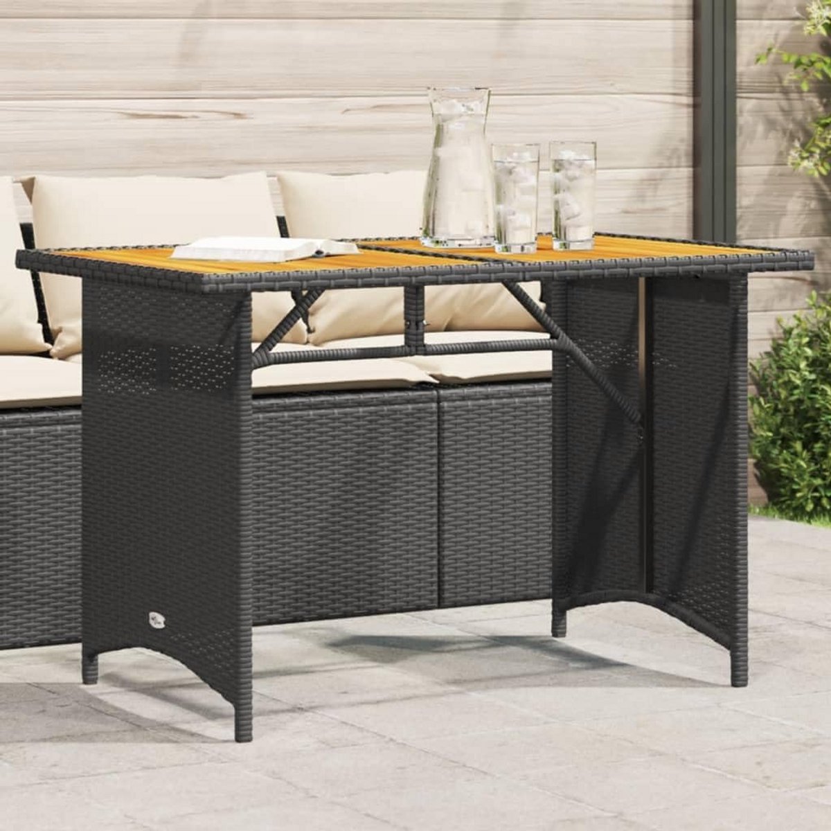 Tuintafel met Houten Tafelblad Poly Rattan Zwart 110x68x70 cm Buitenmeubel