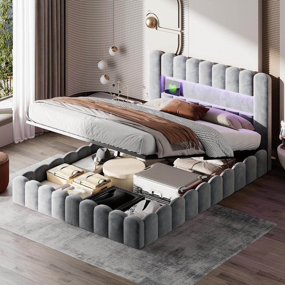Tweepersoons Bed 180x200 met Opbergruimte, USB-Oplader en LED-Verlichting