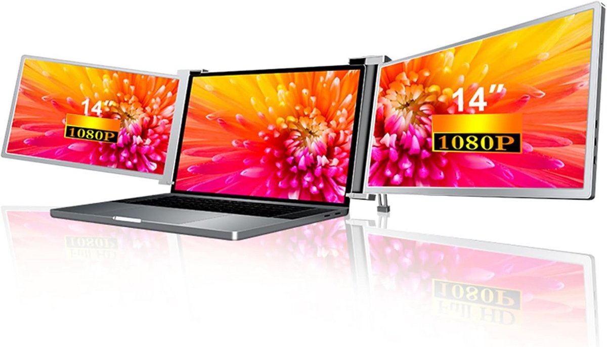 Draaibare Triple Monitor voor Laptop 14 Inch - Uitbreidingsscherm 1920x1080 FHD IPS