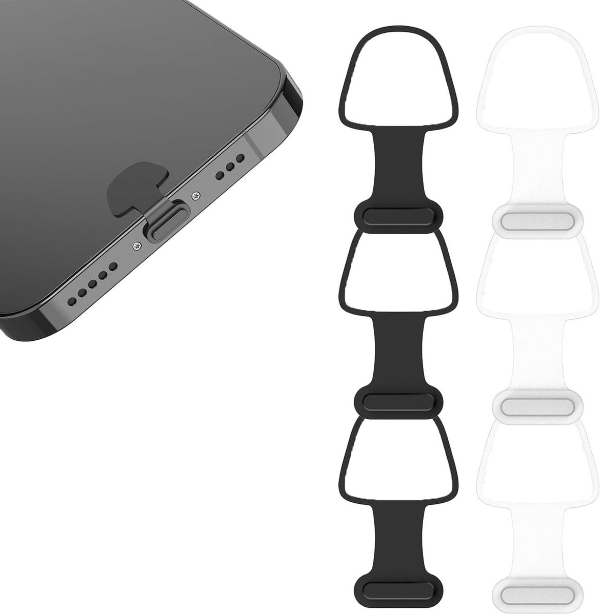 Stofpluggen voor type C-poort, set van 6, siliconen anti-stofkapjes, oplaadpoortbeschermers, zelfklevende stekkerbeschermers, compatibel met iPhone en iPad (zwart/wit)