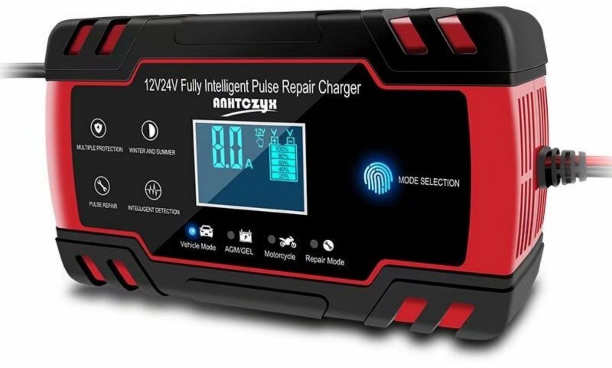 EXCITAT 8A 12V/24V autoacculader - draagbaar - met LCD-scherm - voor auto's, motoren en vrachtwagens - niet geschikt voor het opladen van lithium-accu's - rood