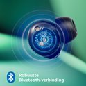 Zwarte oordopjes met Bluetooth-icoon en golvende lijnen die een robuuste verbinding aanduiden.