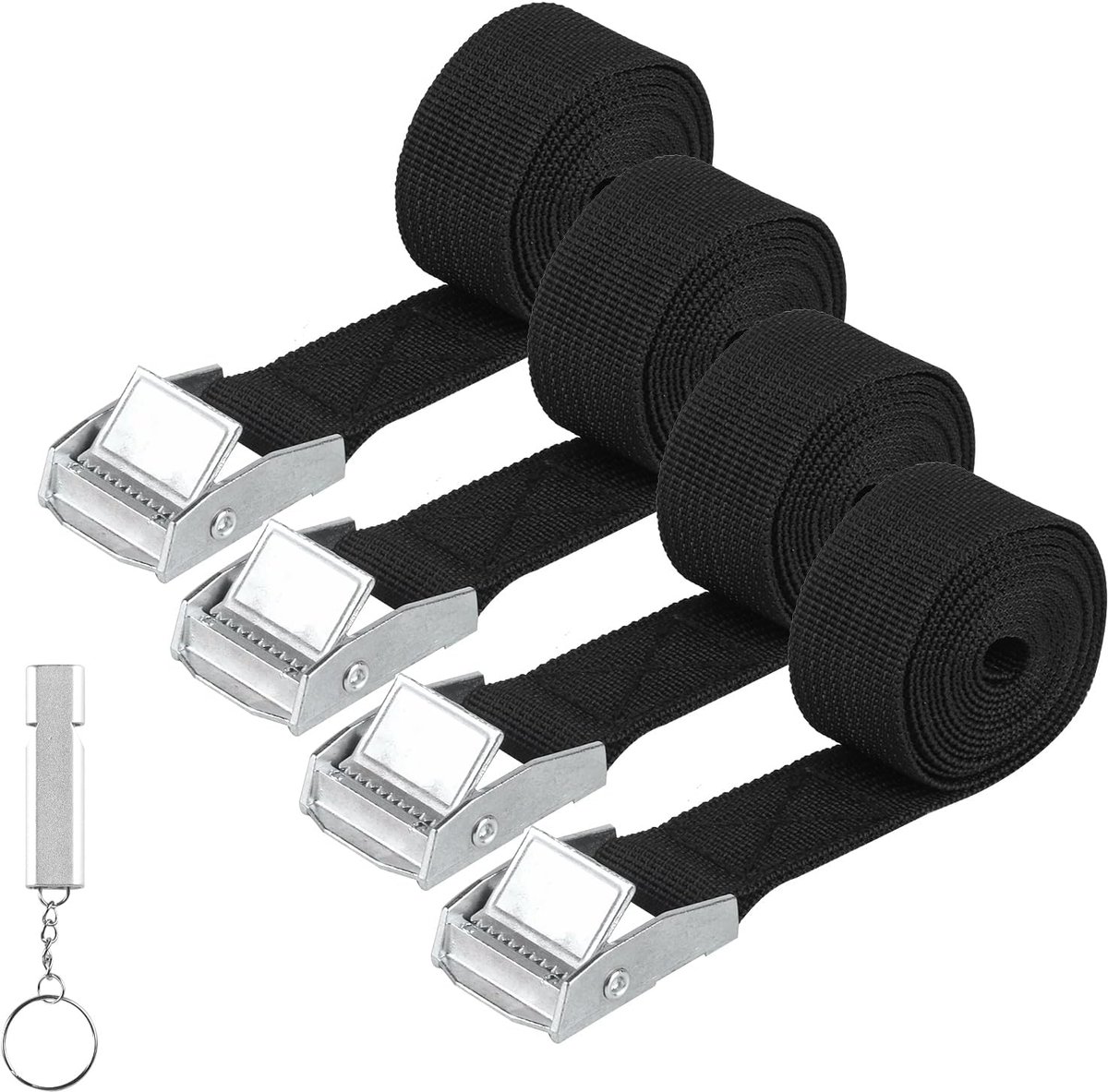 Spanbanden Met Ratel 4 Stuks – 25 Mm X 2,5 M Zwart, Verstelbare Sjorbanden Voor Fiets, Motor, Auto En Verhuizing, Met Fluitje