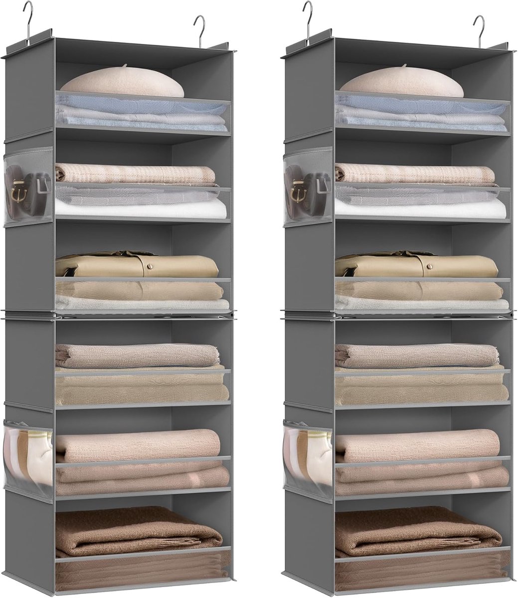 Furnstar Hangorganizer 2-delige set - Kast organizer -Hangrek - Verdeelbaar - Hangopslag - Opvouwbaar en ruimtebesparend - Metalen haken - Bamboe inzetstukken - Duifgrijs
