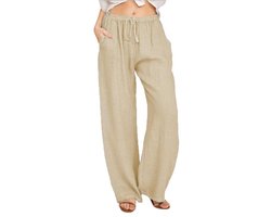 Damesbroek van katoen en linnen, zomerse wijde pijpen, casual losse broek met trekkoord en hoge taille, palazzobroek met zakken,Kaki,2XL