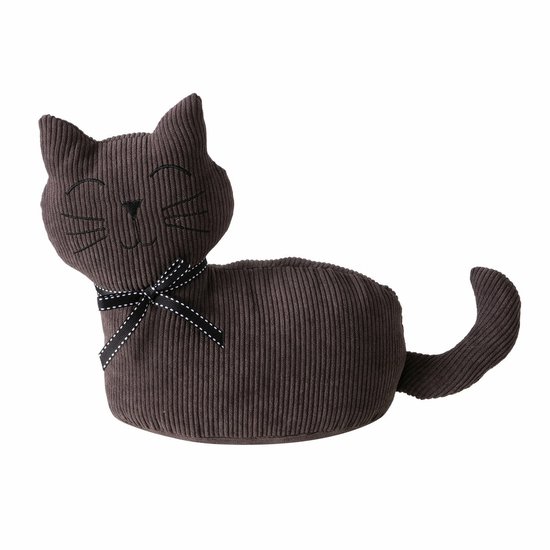 Bruine corduroy katten deurstopper met gesloten ogen, geborduurde snuit en een zwart-wit gestreepte strik.
