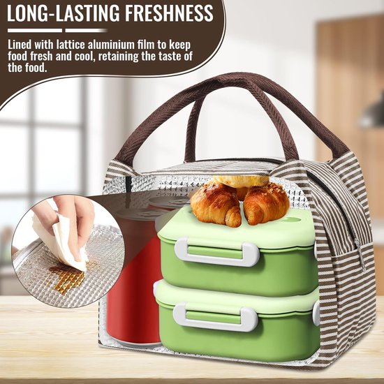 Lunchtas - Koeltas - Geïsoleerd - Kleine gekoelde lunchbox - Waterdicht - Volwassenen en kinderen - Voor werk - School - Picknick - Buiten - Bruine strepen van Merkloos — afbeelding 5