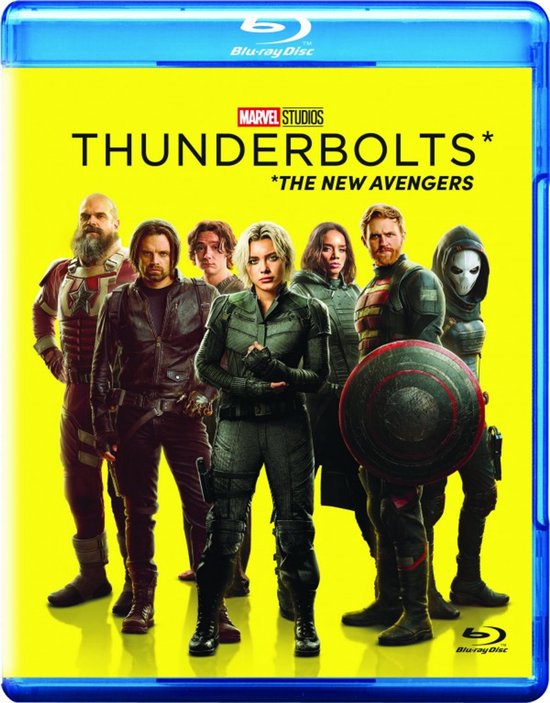 Marvel Studios Thunderbolts* *The New Avengers Blu-ray hoes met 7 superhelden in actievolle outfits op een gele achtergrond.