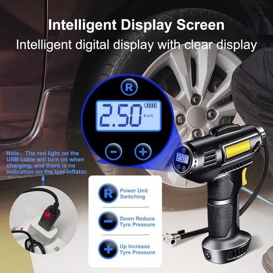 Fietspomp - fietspomp elektrisch - fietspompen - Autobandenpomp - Elektrische pomp - Draagbare luchtcompressor - Draadloze autobandenpomp - 4000 mAh 12 V - Oplaadbaar - 150 PSI - Autocompressor - Met LED en mondstukadapter van Merkloos — afbeelding 2
