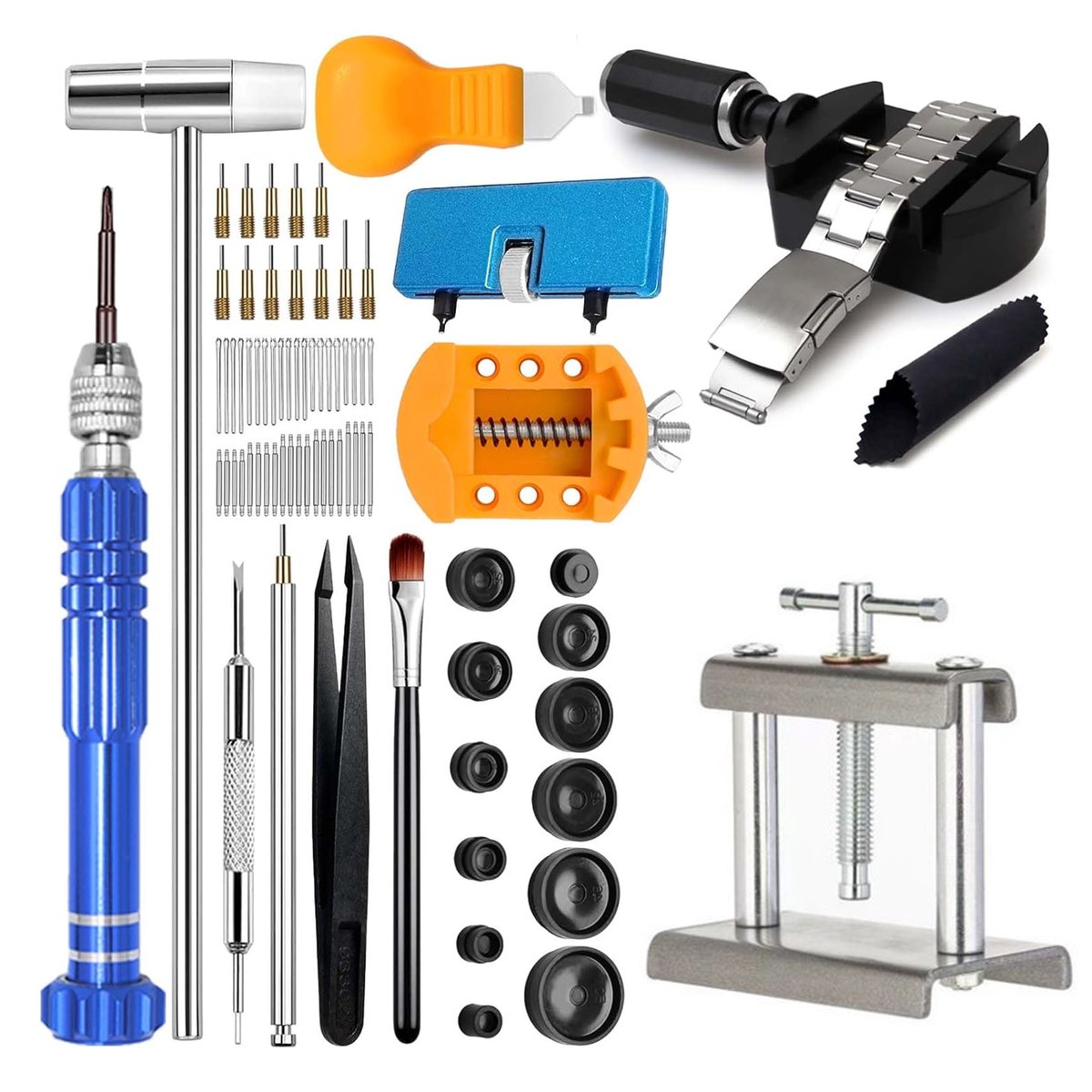 Horlogegereedschapset + horlogepersset - horlogebatterij vervangen - bandinkortgereedschap - horlogereparatie - horlogemakergereedschap - horlogeopener horlogeopener - persgereedschap - schroef meer