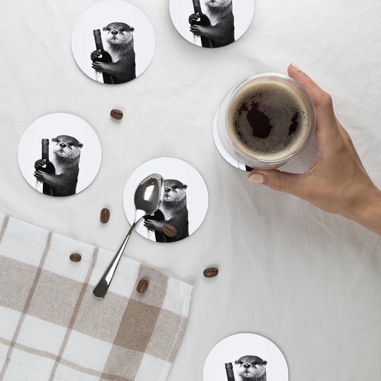 Sous-verres de verre ronds pour bouteilles de vin - Motif loutre - Zwart - 10 x 10 cm - Lot de 6