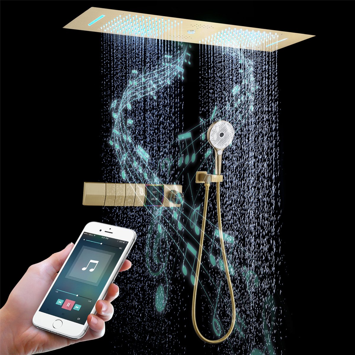 Oihpaw douchesysteem LED-muziekdouchesysteem met thermostaat, 300x900 mm, RGB 64 kleuren, 4 functies: regen, waterval, waterkolom, handdouche, messing