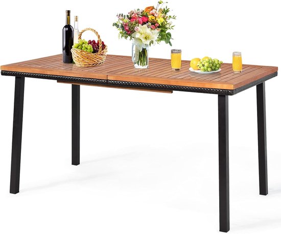 Tuintafel met Parasolgat – Eettafel van Acaciahout met Metalen Poten, Geschikt voor 6-8 Personen (140 x 75 x 76 cm)