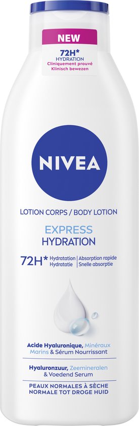 Nivea body lotion met 72H express hydratatie, hyaluronzuur, zee-mineralen & voedend serum.