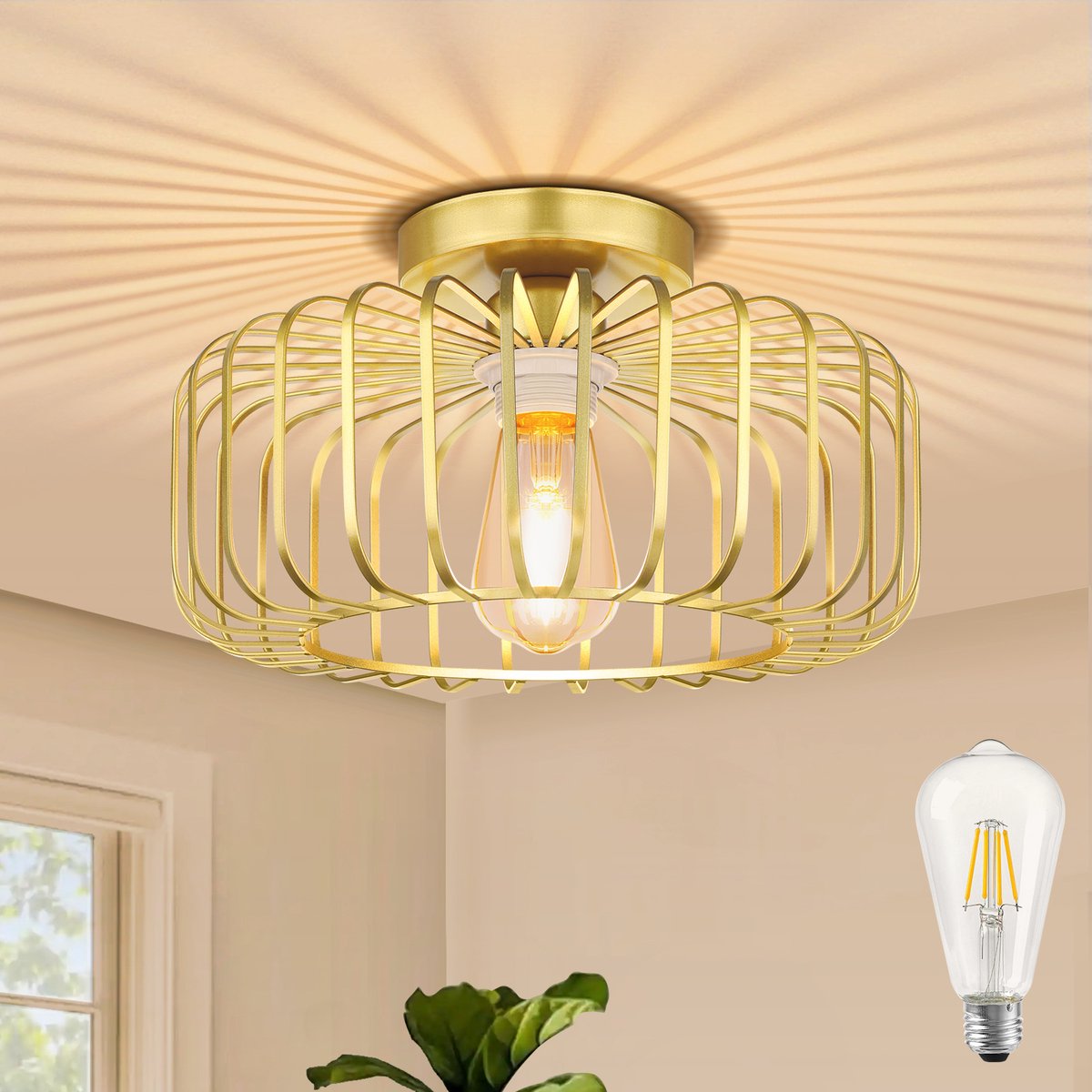 Rosnek Ø30cm LED Plafonnières - Moderne Gouden Metalen Plafondlamp met Ronde E27-Fitting - Warm wit licht 60W Hanglamp Voor Keuken voor Woonkamer, Slaapkamer, Hal En Eetkamer