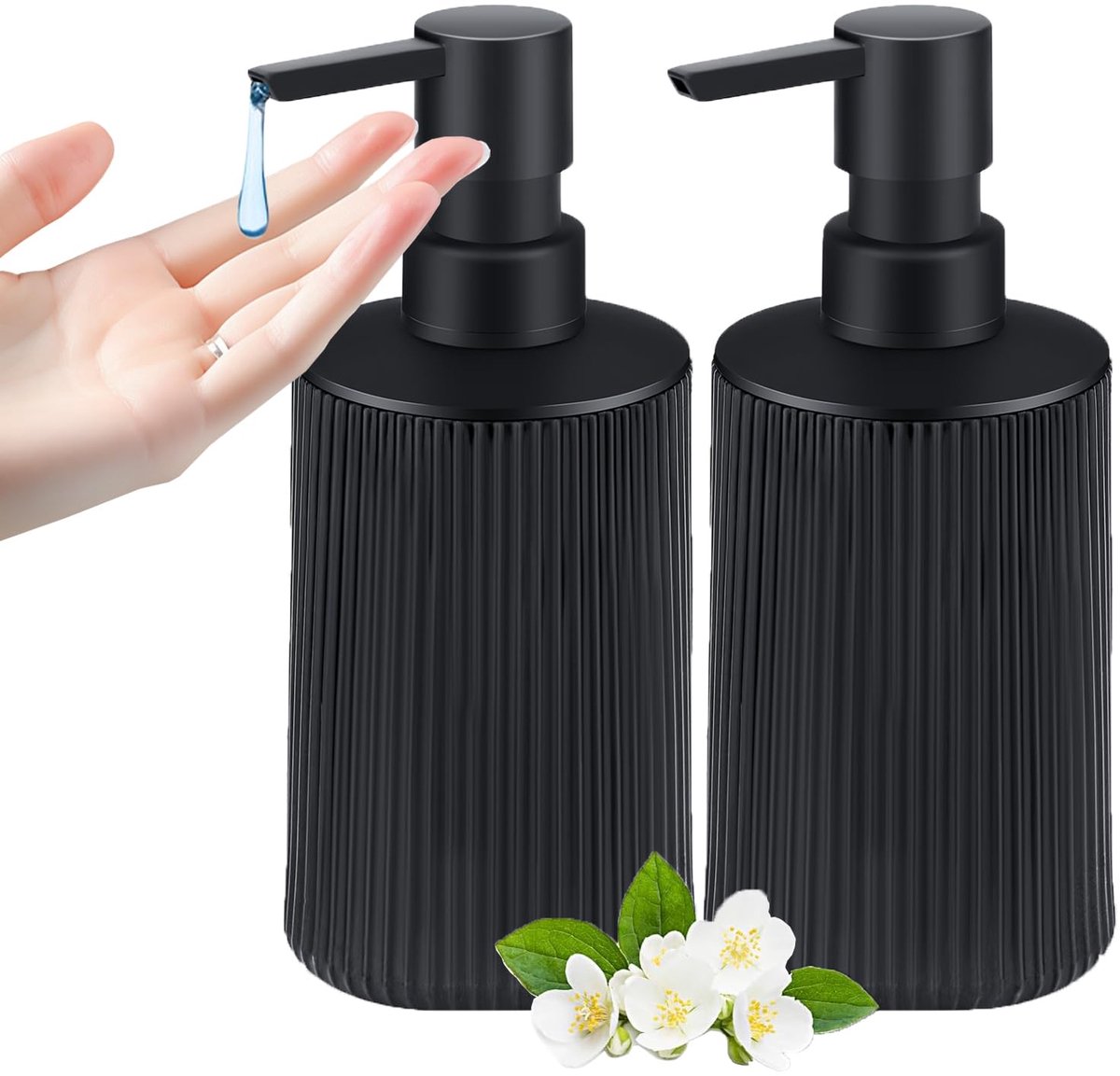 Ibenzoa® Matte Zwarte Kunststof Zeepdispensers Set van Twee met Pomp voor Badkamer en Keuken