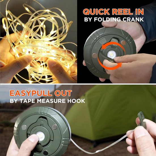 Campingverlichtingssnoer - Gekleurde lampjes - 4-in-1 draagbare oplaadbare buitenverlichtingssnoer - Waterdichte Draagbare Intrekbare Outdoor Solar String Lights - voor kamperen, tuin, wandelen, decoratie, Kerstmis - USB Oplaadbare Tent Lamp - 10 m — afbeelding 2