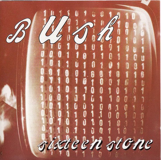 Bush - Sixteen Stone albumhoes met binaire code op een tv-scherm.