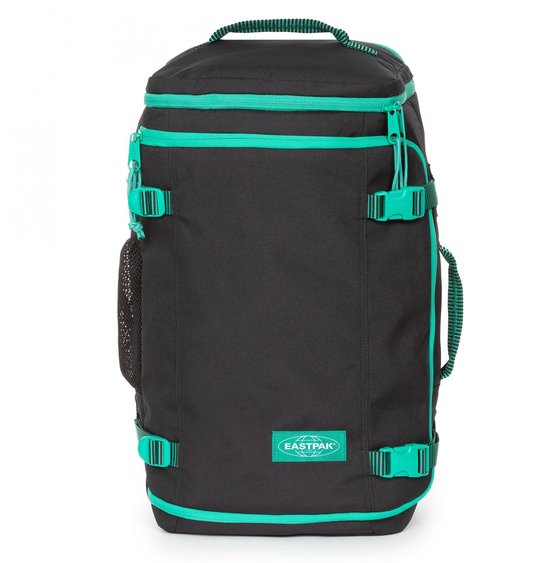 Zwarte Eastpak rugzak met felgroene ritsen, gespen en accenten. Eastpak logo op voorzijde.