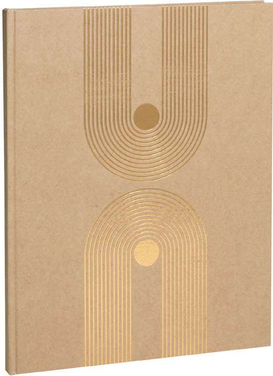 Bruin notitieboek met goudkleurig geometrisch patroon van bogen en een cirkel.