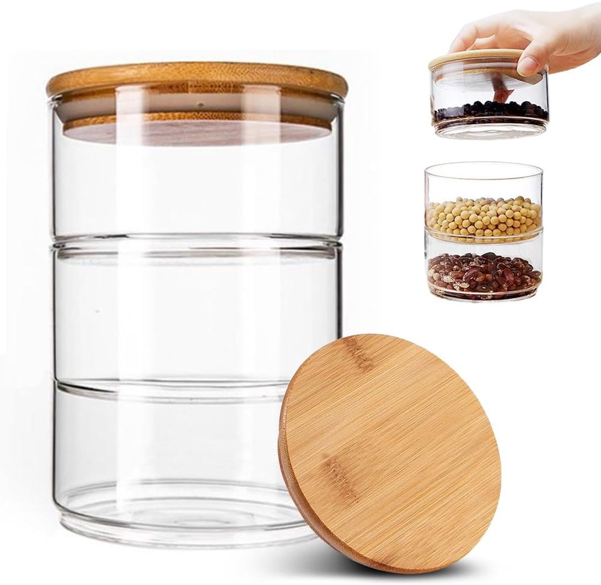 Stackable Storage Boxes - Glas Set - Airtight Bamboo Lid - Spice Jars - Keuken - Opslag Jars